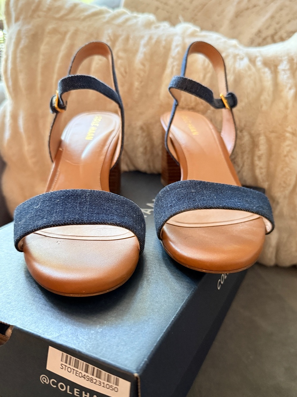Cole Haan Women's Josie Block Heel Sandals featuring a denim upper